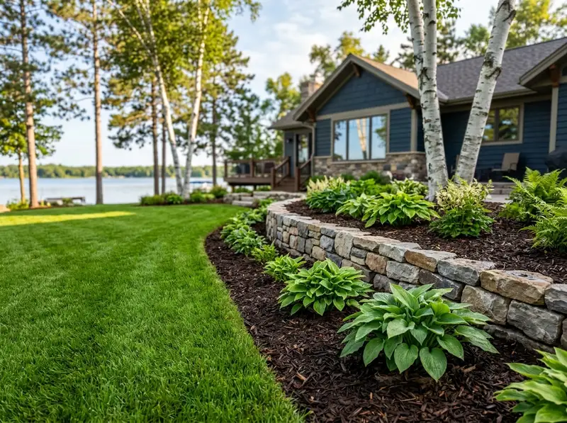 Detailed landscaping with a stone garden wall and fresh mulch in Detroit Lakes