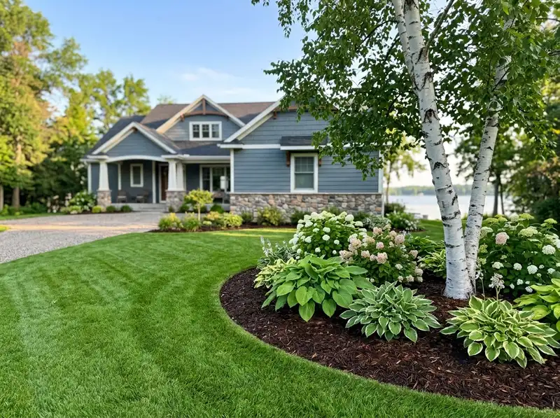 Manicured lawn and garden beds showing professional landscaping in Detroit Lakes. Manicured lawn and garden beds showing professional landscaping in Detroit Lakes.