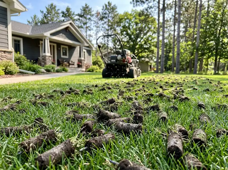 Lawn aeration cores on a green Detroit Lakes yard by Chips Clips Lawncare Lawn aeration cores on a green Detroit Lakes yard by Chips Clips Lawncare