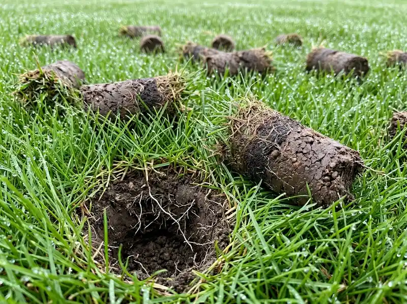Core aeration soil plugs on a Detroit Lakes lawn by Chips Clips Landscaping