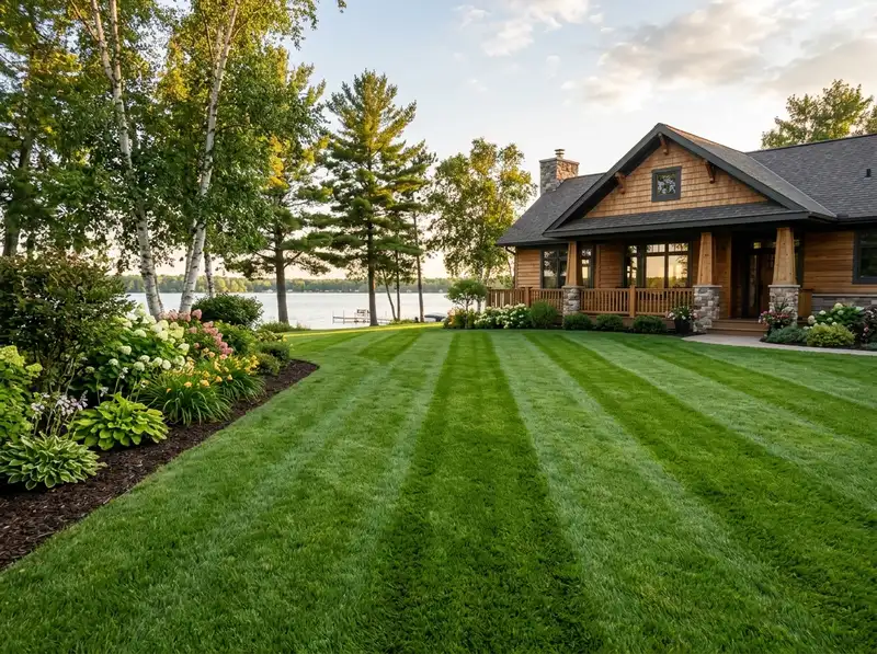 Freshly mowed lawn with crisp stripes and professional landscaping in Detroit Lakes MN Freshly mowed lawn with crisp stripes and professional landscaping in Detroit Lakes MN