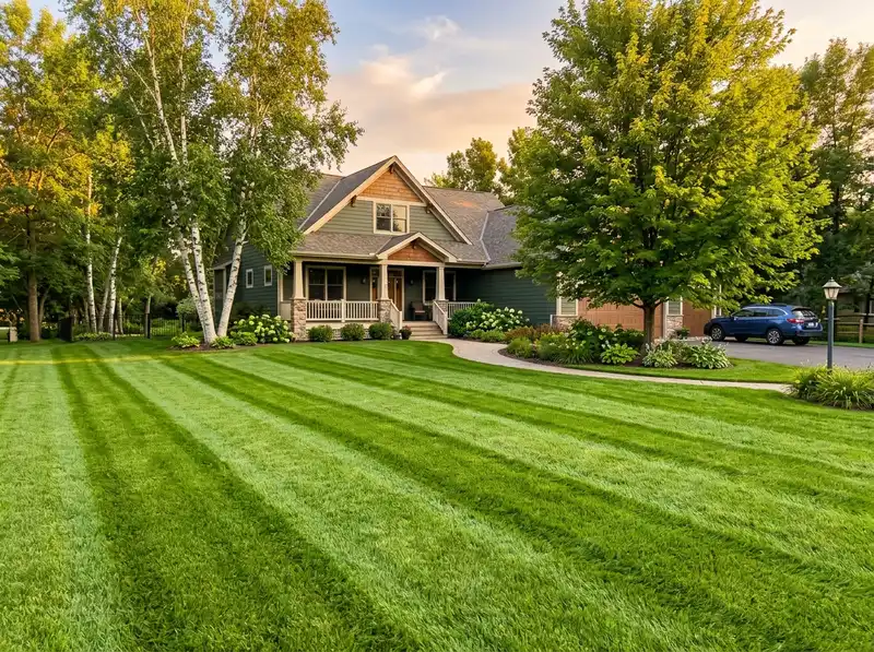 Freshly mowed lawn with crisp stripes, showcasing premium landscaping in Detroit Lakes Freshly mowed lawn with crisp stripes, showcasing premium landscaping in Detroit Lakes