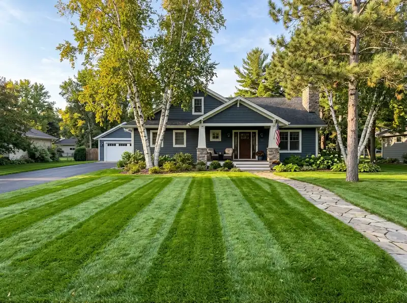 Striped green lawn in Detroit Lakes showcasing professional landscaping. Striped green lawn in Detroit Lakes showcasing professional landscaping.