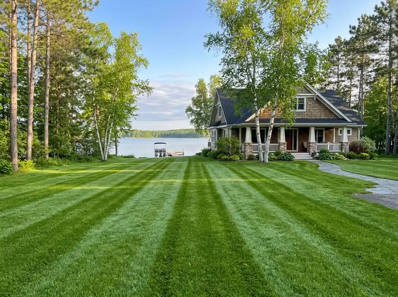 Professionally mowed lawn with stripes for Detroit Lakes seasonal landscaping