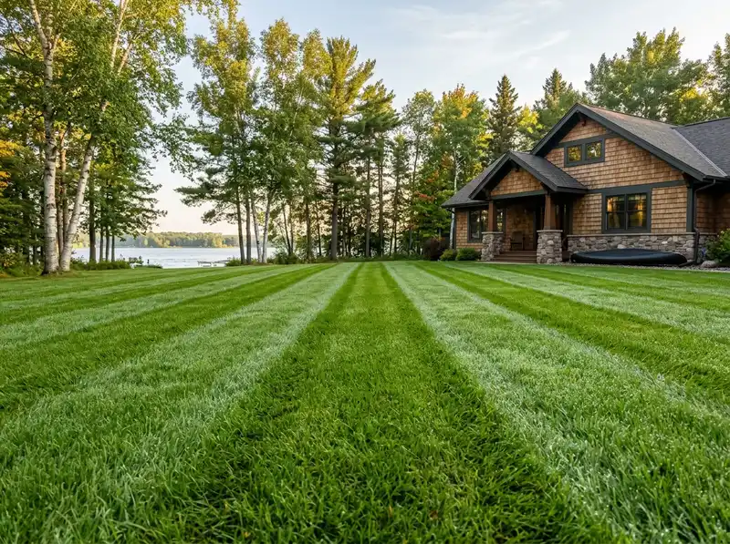 Professionally striped lawn in Detroit Lakes showcasing seasonal landscaping Professionally striped lawn in Detroit Lakes showcasing seasonal landscaping