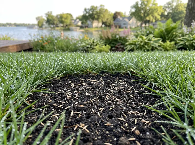 Lawn overseeding service in Detroit Lakes showing fresh seeds on rich soil Lawn overseeding service in Detroit Lakes showing fresh seeds on rich soil