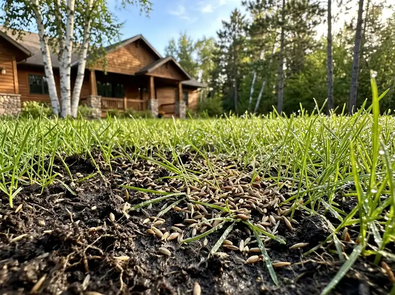 Fall landscaping and overseeding on a Detroit Lakes lawn with rich soil