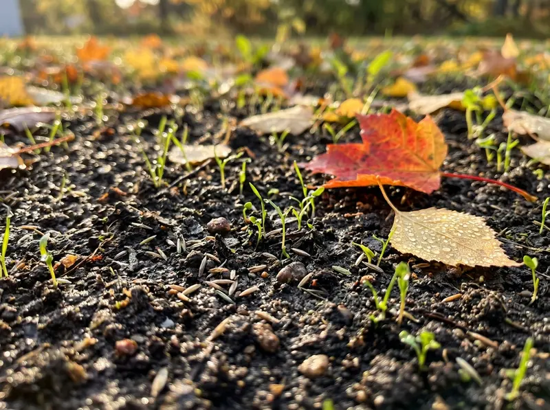 Fall overseeding and fresh grass sprouts in Detroit Lakes landscaping