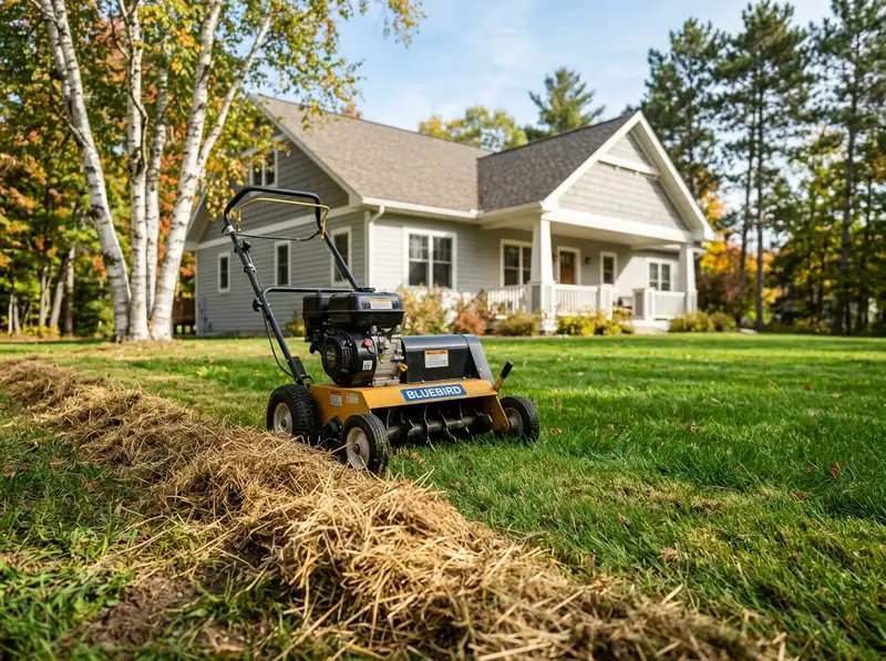 Professional power raking service restoring a green lawn in Detroit Lakes Professional power raking service restoring a green lawn in Detroit Lakes