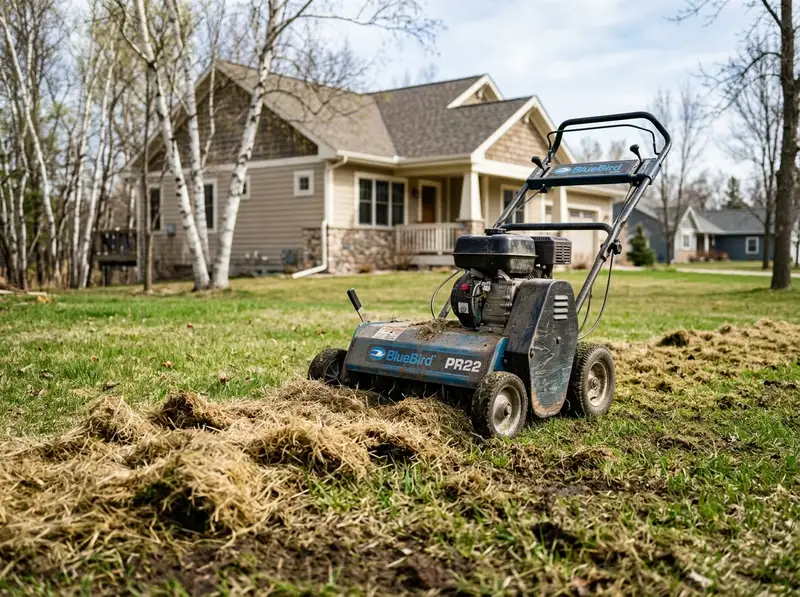Power raking service removing thatch from a lawn in Detroit Lakes by Chips Clips Lawncare Power raking service removing thatch from a lawn in Detroit Lakes by Chips Clips Lawncare