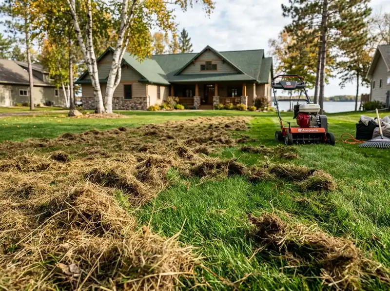 Thatch debris pulled from a green lawn during landscaping in Detroit Lakes.