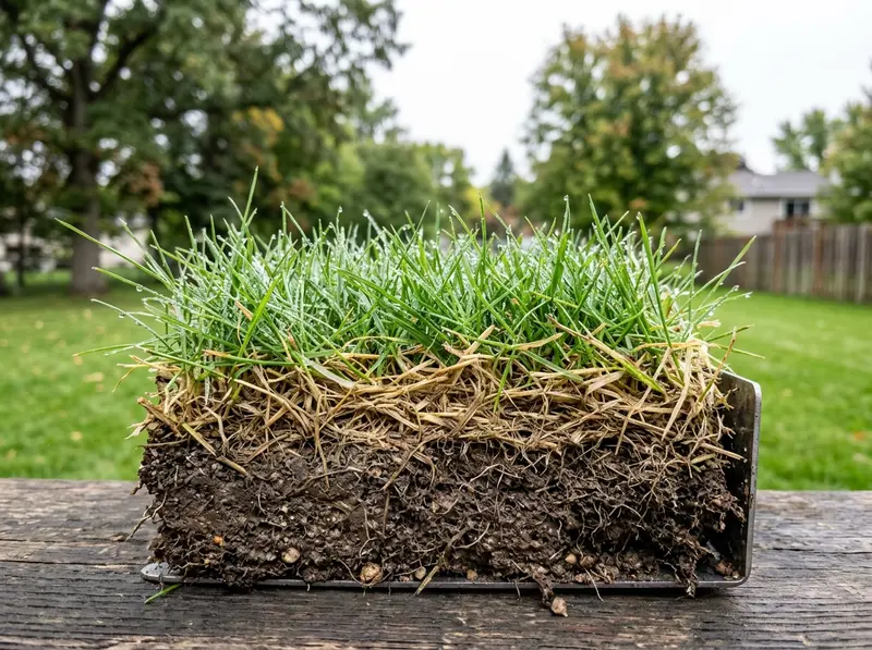 Cross-section of lawn turf showing thick thatch layer for landscaping in Detroit Lakes