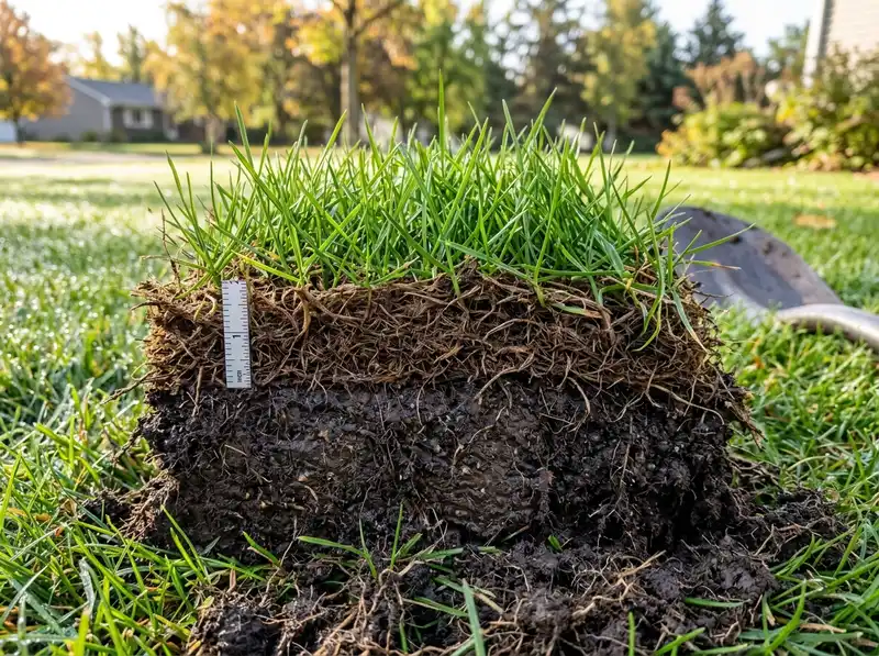 Thick lawn thatch layer cross-section in Detroit Lakes landscaping Thick lawn thatch layer cross-section in Detroit Lakes landscaping