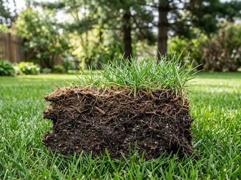 Thick lawn thatch layer in Detroit Lakes yard needing power raking landscaping. Thick lawn thatch layer in Detroit Lakes yard needing power raking landscaping.