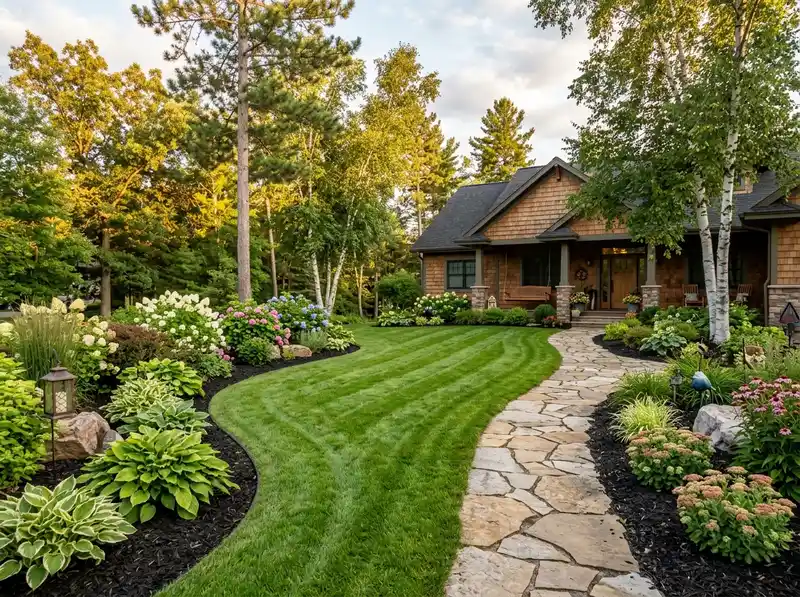 Professional landscaping and striped lawn in Detroit Lakes by Chips Clips